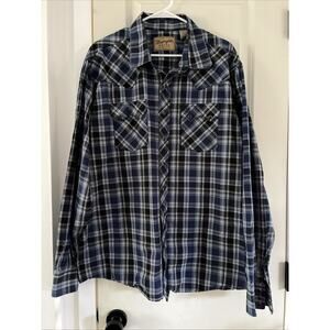 Men’s Wrangler Retro Shirt Pearl Snap Shirt 2XT Blue Plaid Long Sleeve Rodeo